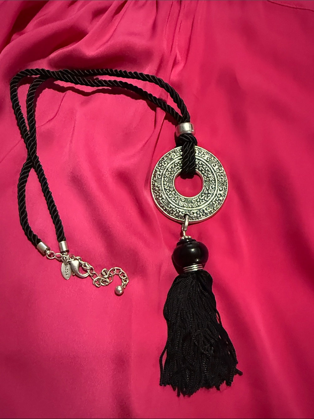 Chico's Black Cord Necklace with Silver-Tone Ornate Disc and Tassel